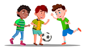 Afro American, European And Asian Boys Play Football In International Football Team Vector. Illustration