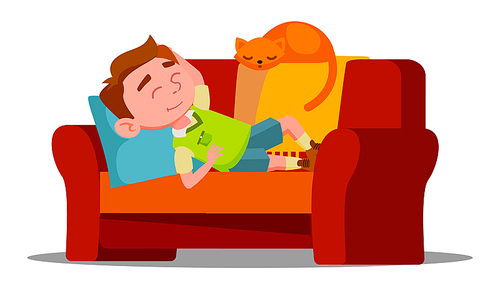 Tired Little Boy Sleeping On The Couch Next To Sleeping Cat Vector. Illustration