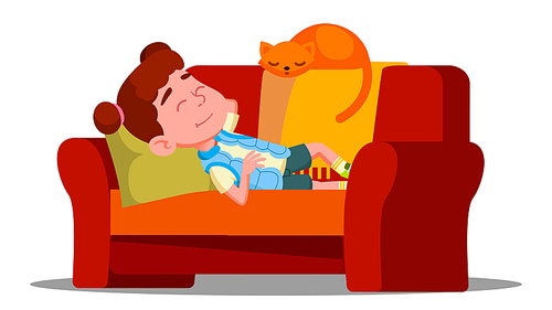 Tired Little Girl Sleeping On The Couch Next To Sleeping Cat Vector. Illustration