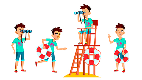 asian teen boy poses set vector. face. lifeguard on the beach. sea, vacation. for web, , poster design. cartoon illustration