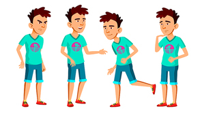 Asian Teen Boy Poses Set Vector. Fun, Cheerful. For Web, Poster, Booklet Design. Cartoon Illustration