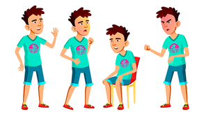 Asian Teen Boy Poses Set Vector. Adult People. Casual. For Advertisement, Greeting, Announcement Design. Cartoon Illustration