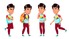 asian boy schoolboy kid poses set vector. primary school child. active cute child. for web, , poster design. cartoon illustration