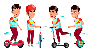 Asian Boy Schoolboy Set Vector. Primary School Child. Student Expression. Summer Activity. Bike, Scooter. Rides On Mono Cycle. Lifestyle. For Print, Invitation Design. Cartoon Illustration