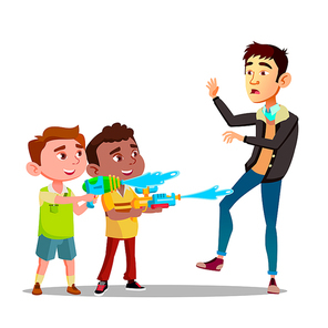 Two Bully Kids Splashing Into Man From Water Pistols Vector Flat Illustration