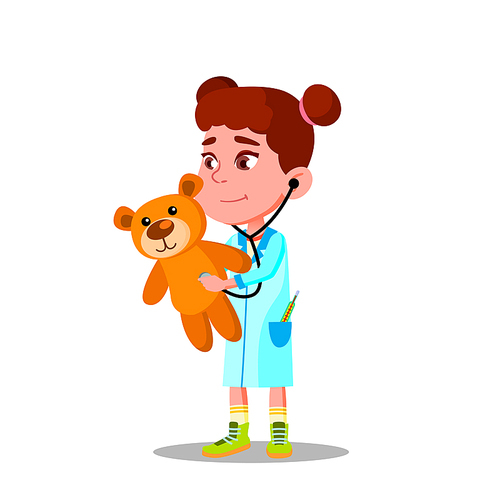 Little Girl In White Coat And Stethoscope Plays Doctor And Treats Her Toy Vector Flat Illustration