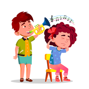 Little Boy Blowing Party Horn To Tease Little Sad Girl Vector Flat Illustration