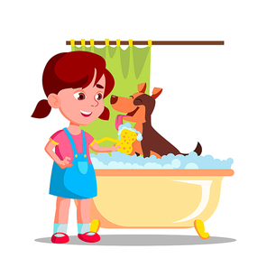 Little Cute Girl Washes A Dog In The Bathroom With Foam Vector Flat Illustration