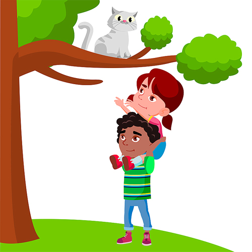 Little Girl Sits On The Boy Shoulders And Pulls Her Hands To Cat Sitting On Tree Vector Flat Illustration