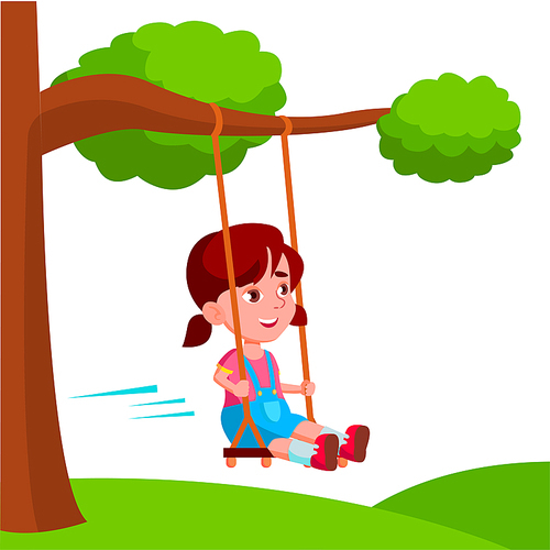 Girl Swinging On A Swing Tied To Tree Branch Vector Flat Illustration