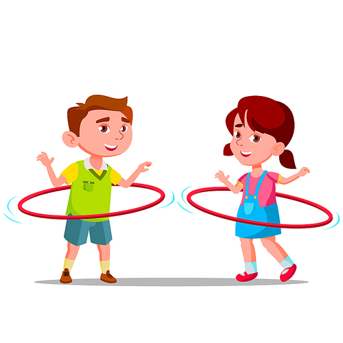 Little Boy And Girl Twirling Colored Huha Hoops Vector Flat Illustration