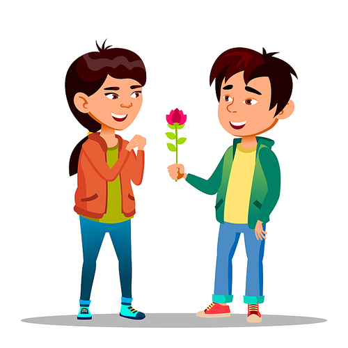 Chinese Boy Gives A Girl Red Peony As Symbol Of Love Vector Flat Illustration