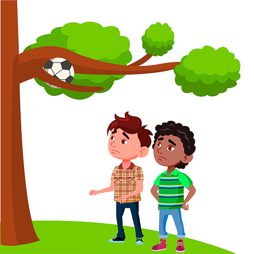 Frustrated Kids Look At The Ball Stuck In The Branches Of Tree Vector Flat Illustration