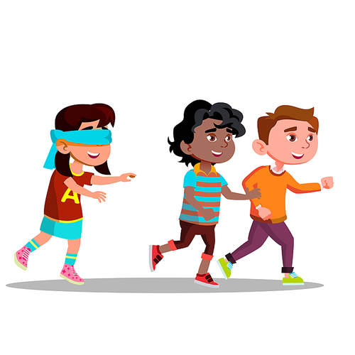 Blindfolded Girl With Arms Outstretched Looking For Friends Running Away Vector Cartoon Illustration