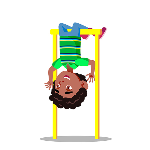 Sporty Little Boy Hanging On Horizontal Bar Upside Down Vector Flat Illustration