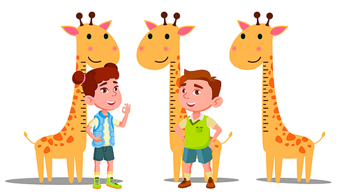 Ruler Baby Height Giraffe Vector. Boy, Girl. Isolated Cartoon Illustration