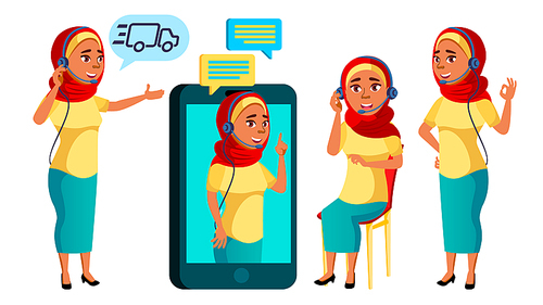 Arab, Muslim Teen Girl Poses Set Vector. Caucasian, Positive. Online Helper, Consultant. For Presentation, Print, Invitation Design Cartoon Illustration