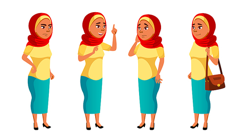 Arab, Muslim Teen Girl Poses Set Vector. Beauty, Lifestyle. For Web, Poster, Booklet Design Cartoon Illustration