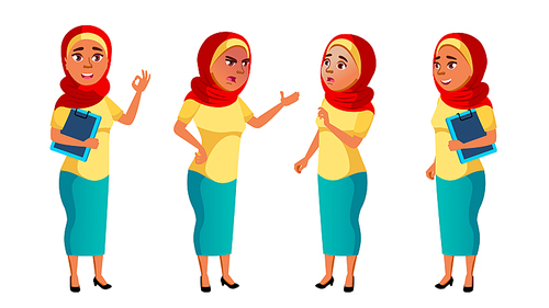 Arab, Muslim Teen Girl Poses Set Vector. Pretty, Youth. For Postcard, Announcement, Cover Design Cartoon Illustration