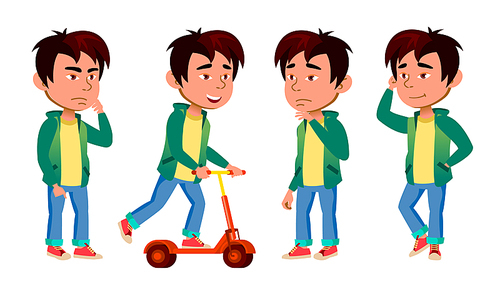 asian boy kid poses set vector. primary school. kifestyle. for web, , poster design. cartoon illustration