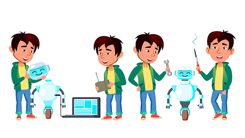Asian Boy Set Vector. Primary School. Study. Build Robot Helper. Knowledge, Learn. Electronics. For Advertisement Greeting Design Illustration