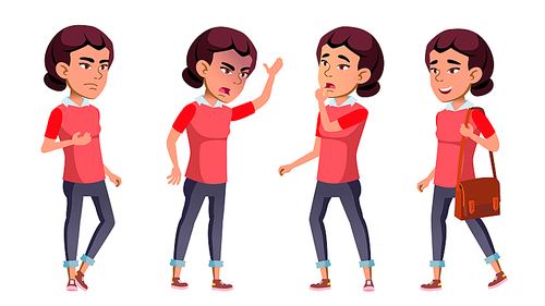 Asian Girl Poses Set Vector. High School Child. Emotions. Student. For Web, Poster, Booklet Design. Cartoon Illustration