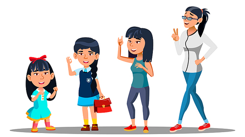 Asiatic Generation Female Set Vector. Mother, Daughter, Granddaughter, Baby Vector Isolated Illustration