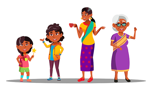 Indian Generation Female Vector. Grandmother, Mother, Daughter, Granddaughter, Baby Teen Vector Isolated Illustration