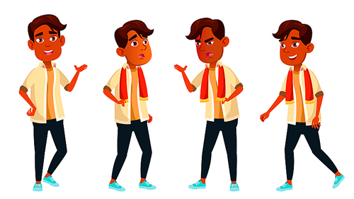 Indian Boy Poses Set Vector. High School Child. Secondary Education. Educational, Auditorium, Lecture. For Card, Advertisement, Greeting Design Cartoon Illustration
