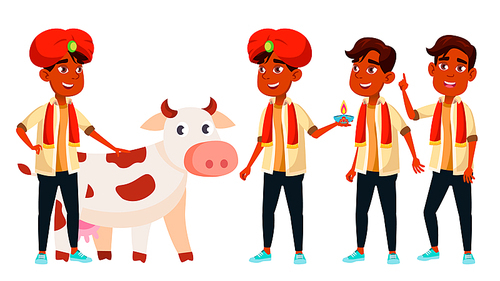 Indian Boy Set Vector. Diwali, Holy, Cow. For Presentation, Print Invitation Design Cartoon Illustration