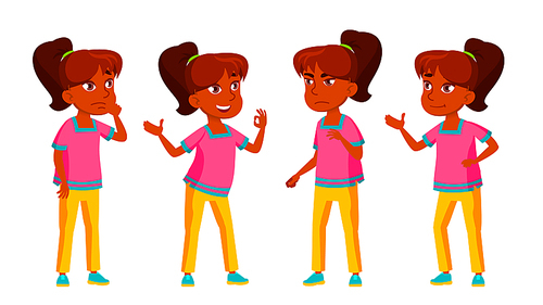 Indian Girl Kid Poses Set Vector. High School Child. Teenage. For Advertisement, Greeting, Announcement Design. Isolated Illustration