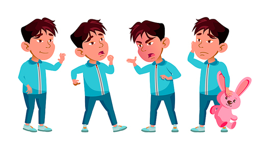 Asian Boy Kindergarten Kid Poses Set Vector. Baby Expression. Preschooler. For Card, Advertisement, Greeting Design. Cartoon Illustration
