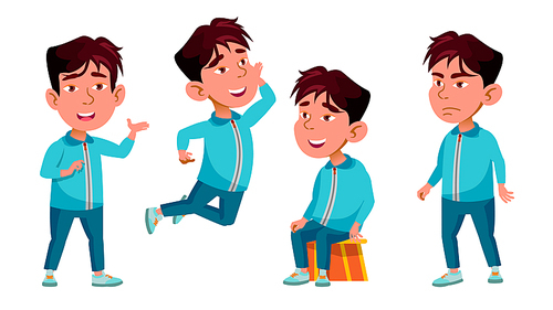 Asian Boy Kindergarten Kid Poses Set Vector. Pretty Positive Baby. Leisure. For Postcard, Announcement, Cover Design. Cartoon Illustration
