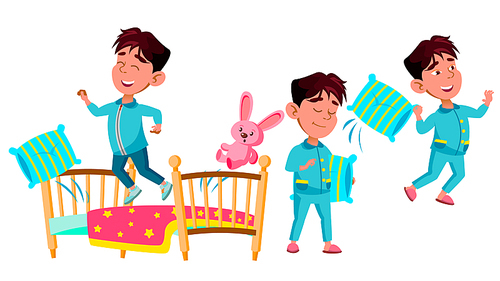 asian boy kindergarten kid poses set vector. preschool. sleep, bedroom. pillow,toy. young positive person. beauty. for banner, flyer  design cartoon illustration
