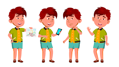 Asian Boy Kindergarten Kid Poses Set Vector. Happy Beautiful Children Character. For Advertising, Booklet, Placard Design. Isolated Illustration