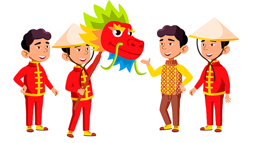 asian boy kindergarten kid poses set vector. festival, dragon. little children. happiness enjoyment. for web, , poster design. cartoon illustration