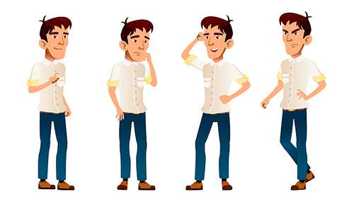 asian boy poses set vector. high school child. white shirt. teenage. workspace. for web, , poster design. isolated illustration