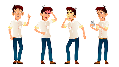 Asian Boy Poses Set Vector. High School Child. Panic, Shock. Classmate. Teenager. For Advertising, Booklet, Placard Design Isolated Illustration