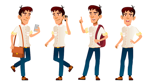 Asian Boy Vector. High School Child. White Shirt. Stand. Phone, Backpack. Teen. For Web, Poster Booklet Design Isolated Illustration