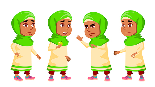 arab, muslim girl kindergarten kid poses set vector. friendly little children. cute, comic. for web, , poster design. cartoon illustration
