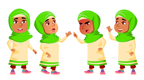 Arab, Muslim Girl Kindergarten Kid Poses Set Vector. Happy Beautiful Children Character. For Advertising, Booklet, Placard Design. Cartoon Illustration