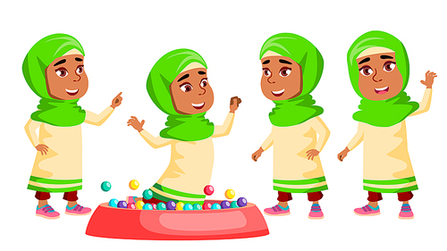 Arab, Muslim Girl Kindergarten Kid Poses Set Vector. Active, Joy Preschooler Playing. For Presentation, Print, Invitation Design. Cartoon Illustration