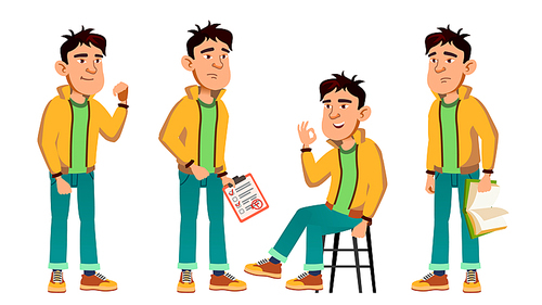 Asian Bad Boy Poses Set Vector. High School Child. Teenage. Beauty, Lifestyle, Friendly. For Postcard, Announcement, Cover Design Isolated Illustration