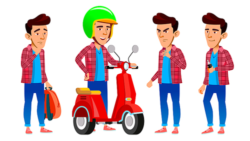 Asian Boy Set Vector. High School Child. Fast Delivery Service. Scooter. For Presentation, Invitation, Card Design. Isolated Illustration