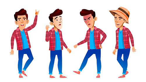 Asian Boy Schoolboy Kid Poses Set Vector. High School Child. Secondary Education. Casual Clothes, Friend. For Advertisement, Greeting, Announcement Design. Isolated Illustration