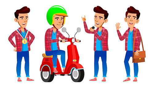 Asian Boy Delivery Service Vector. High School Child. Positive. For Postcard, Cover, Placard Design. Isolated Illustration