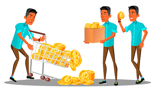 Angry Businessman Carries Bunch Of Bitcoin In A Trolley And Dumps Them In A Landfill Vector. Illustration