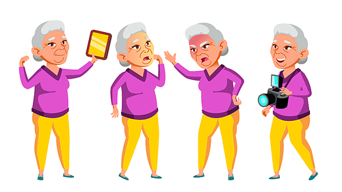 Asian Old Woman Poses Set Vector. Elderly People. Senior Person. Aged. Beautiful Retiree. Life. Card, Advertisement, Greeting Design Cartoon Illustration