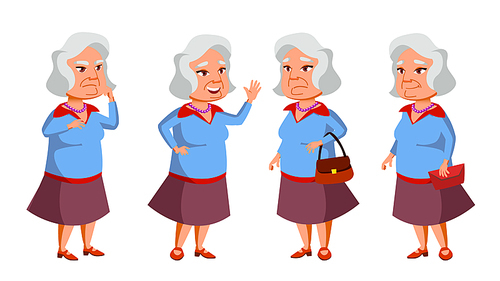 Asian Old Woman Poses Set Vector. Elderly People. Senior Person. Aged. Cheerful Grandparent. Presentation, Invitation, Card Design. Isolated Illustration