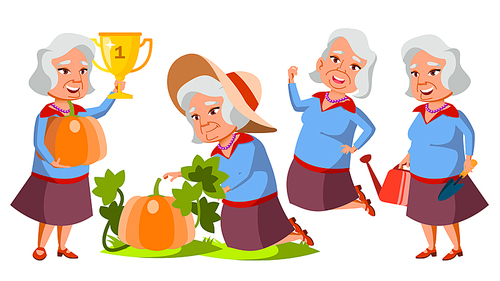 Asian Old Woman Poses Set Vector. Elderly People. Vegetable Garden. Senior Person. Aged. Caucasian Retiree. Smile. Web, Poster, Booklet Design Isolated Illustration